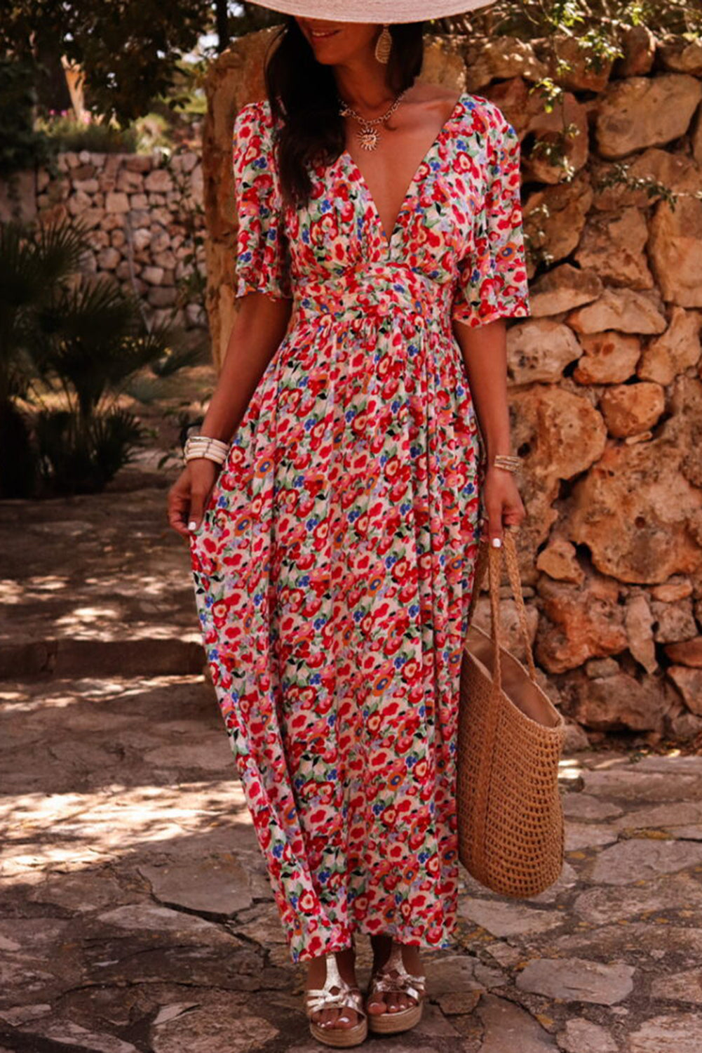 Half Sleeve Deep V Neck Cutout Back Split Maxi Dress