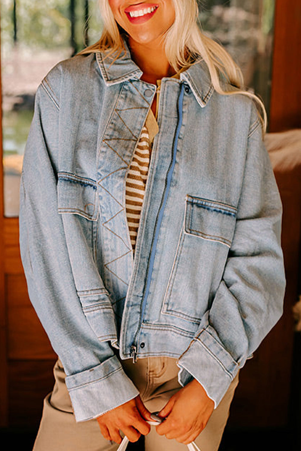 Street Style Zip Up Washed Denim Jacket