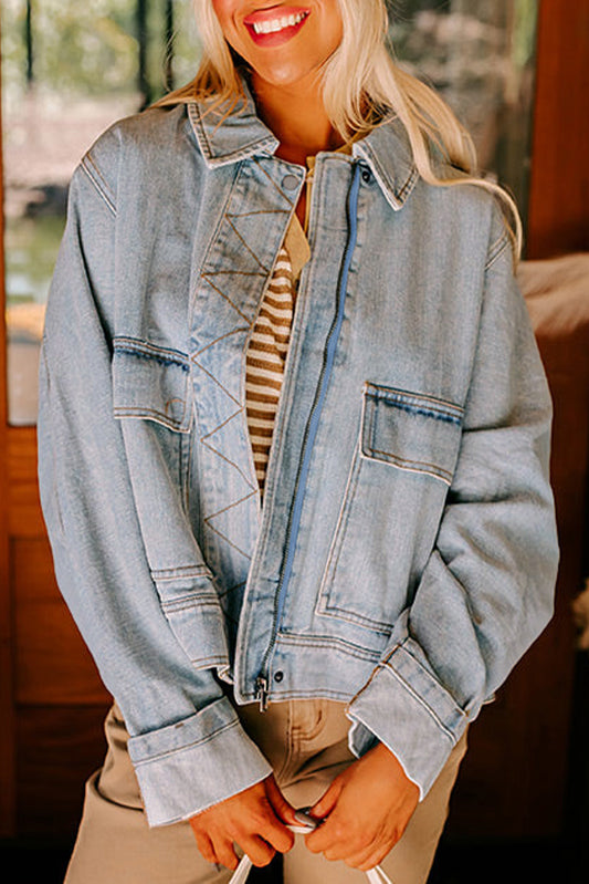 Street Style Zip Up Washed Denim Jacket