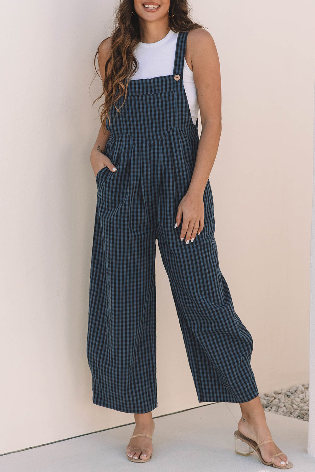 Plaid Print Buttoned Pocketed High Waist Overall