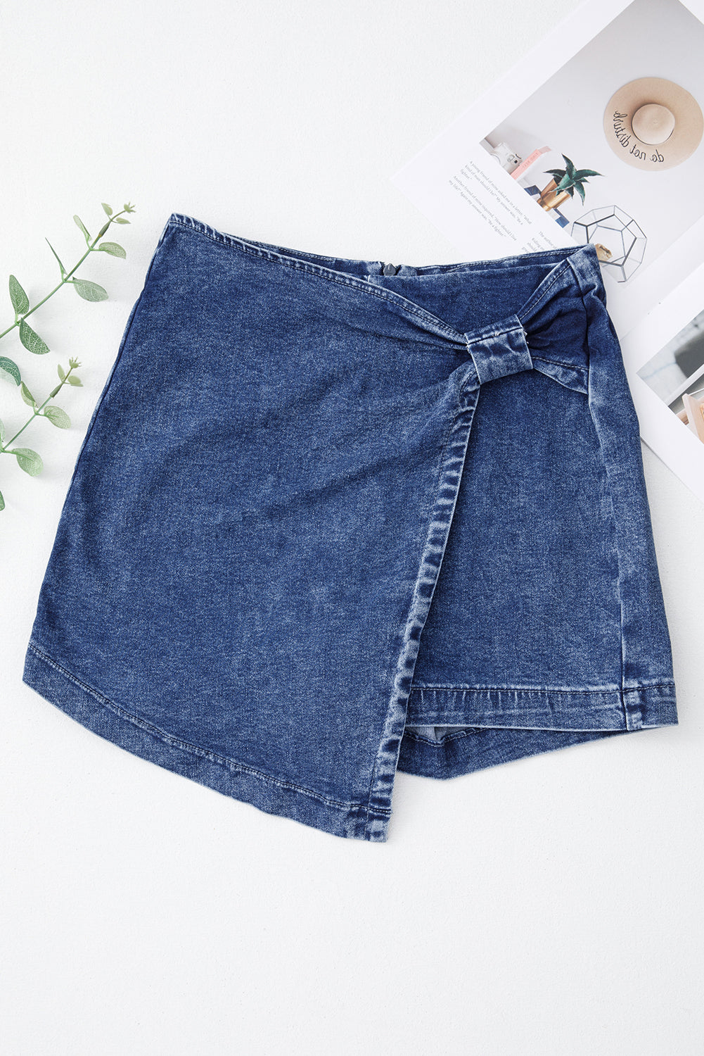 Acid Wash Asymmetric Twisted Wrapped Zipped Denim Skort