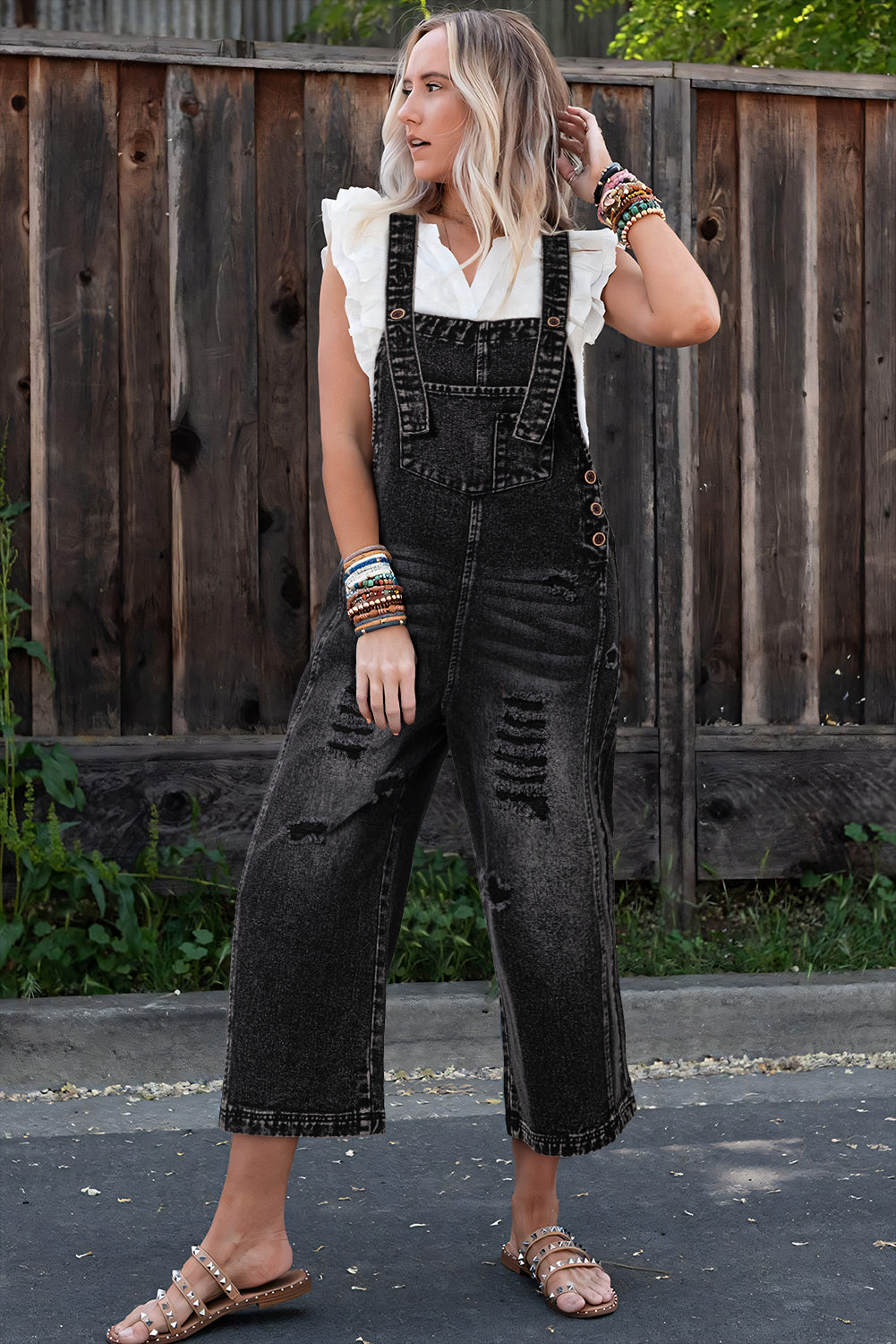 Distressed Bib Pocket Wide Leg Denim Overall