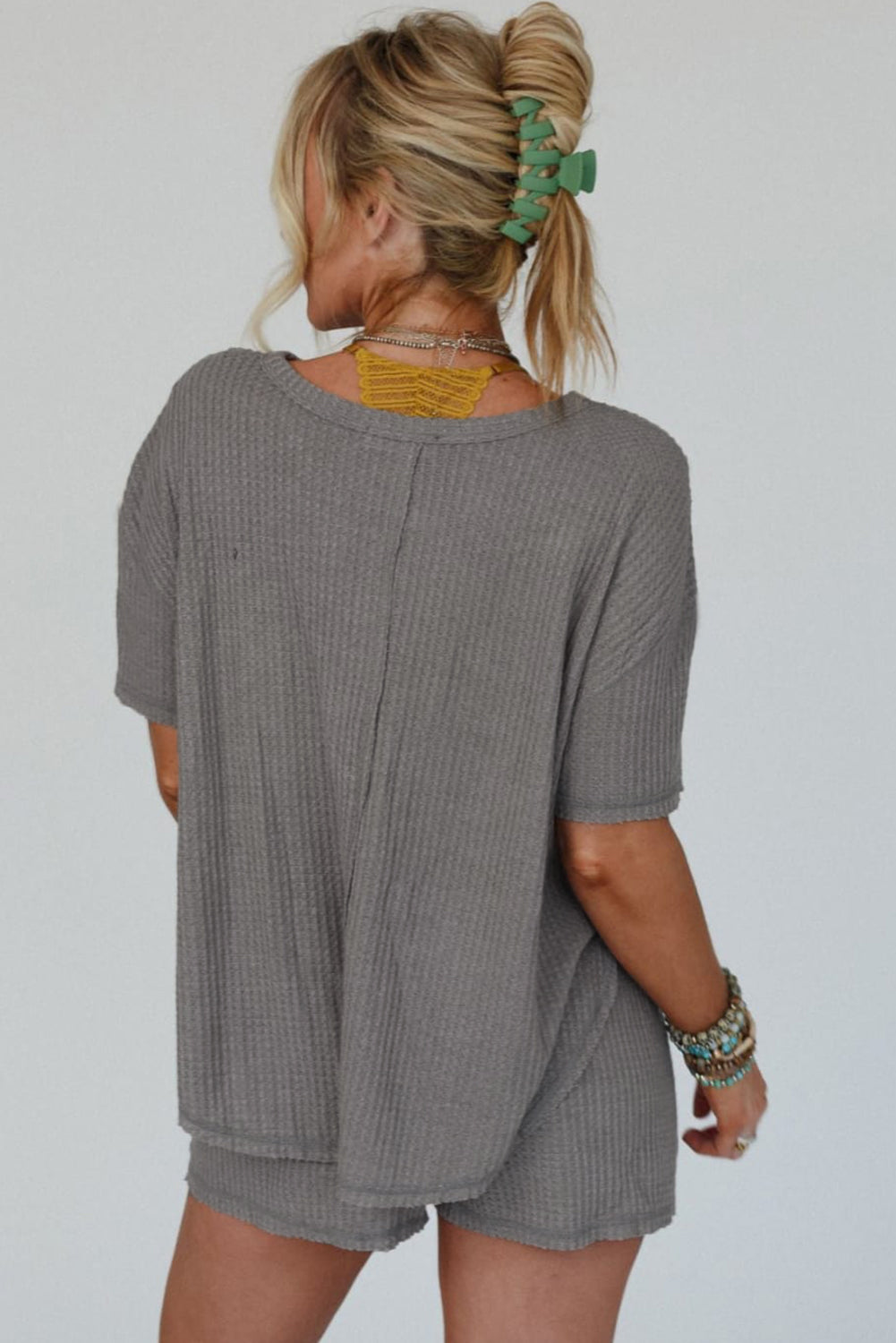 Solid Color Waffle Knit T Shirt and Shorts Set