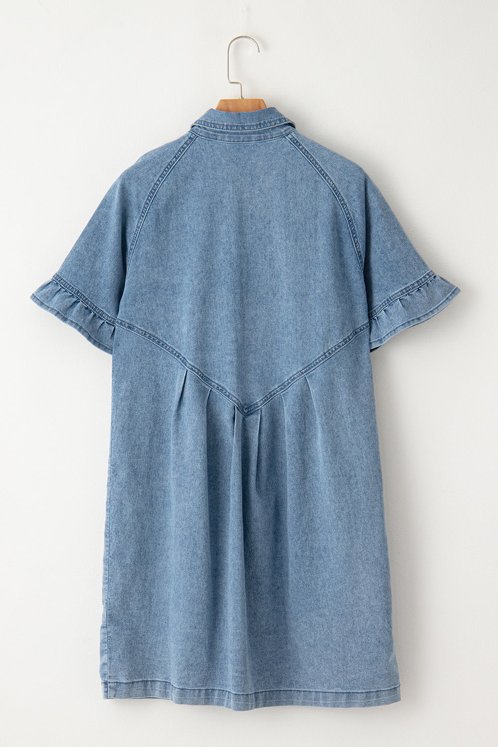 Frilled Short Sleeve Button Up Loose Denim Shirt Dress