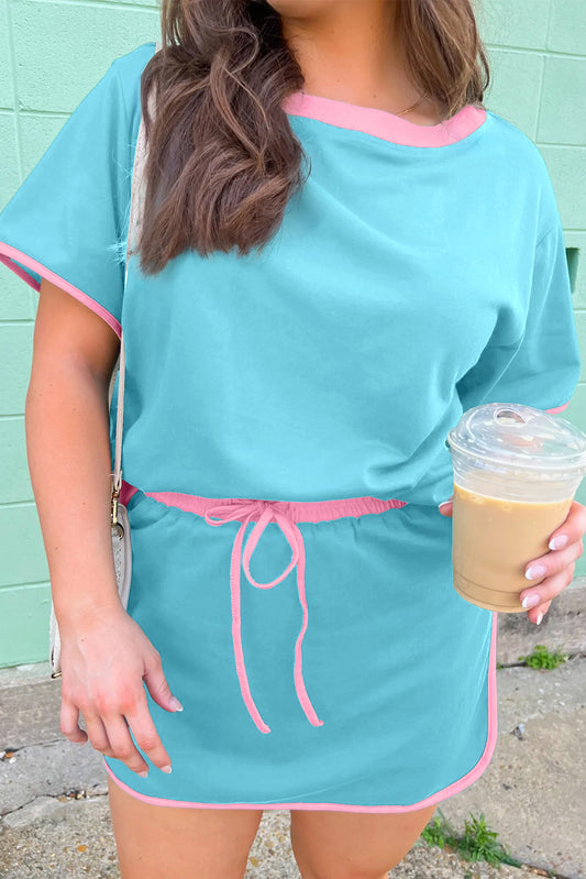 Plus Size Contrast Trim T Shirt and Skirt Two Piece Set