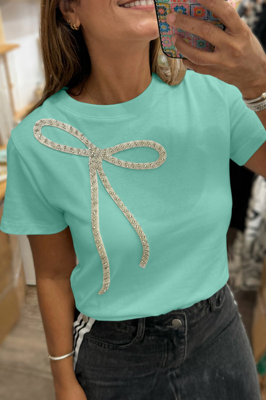 Rhinestone Bow Embellished Round Neck Tee
