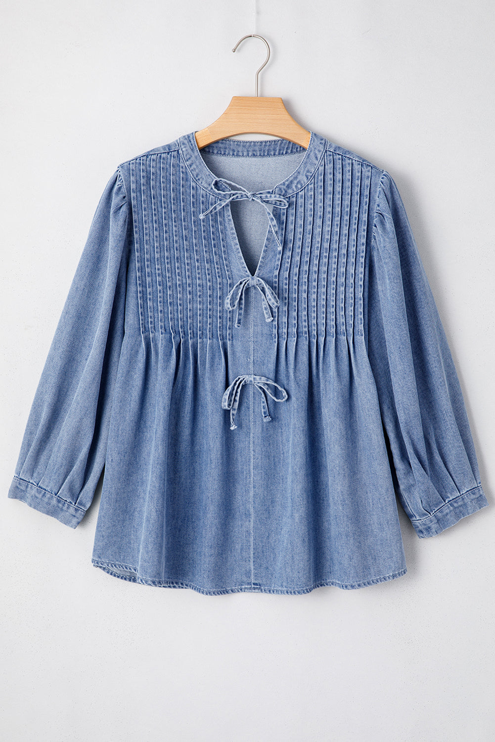 Denim Front Pintuck Bow Tie Puff Sleeve Top