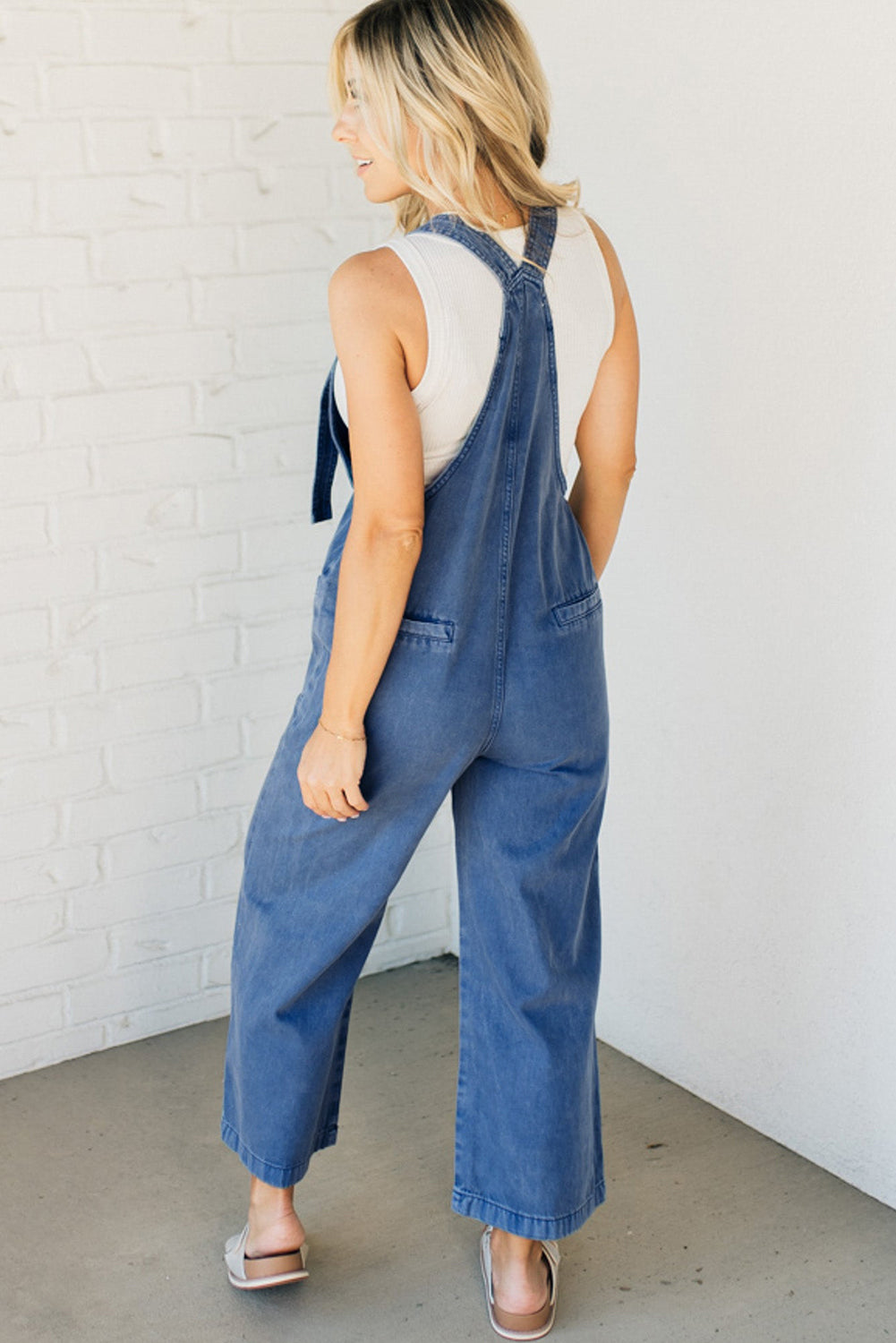 Mineral Wash Knotted Strap Patched Pocket Wide Leg Denim Overalls