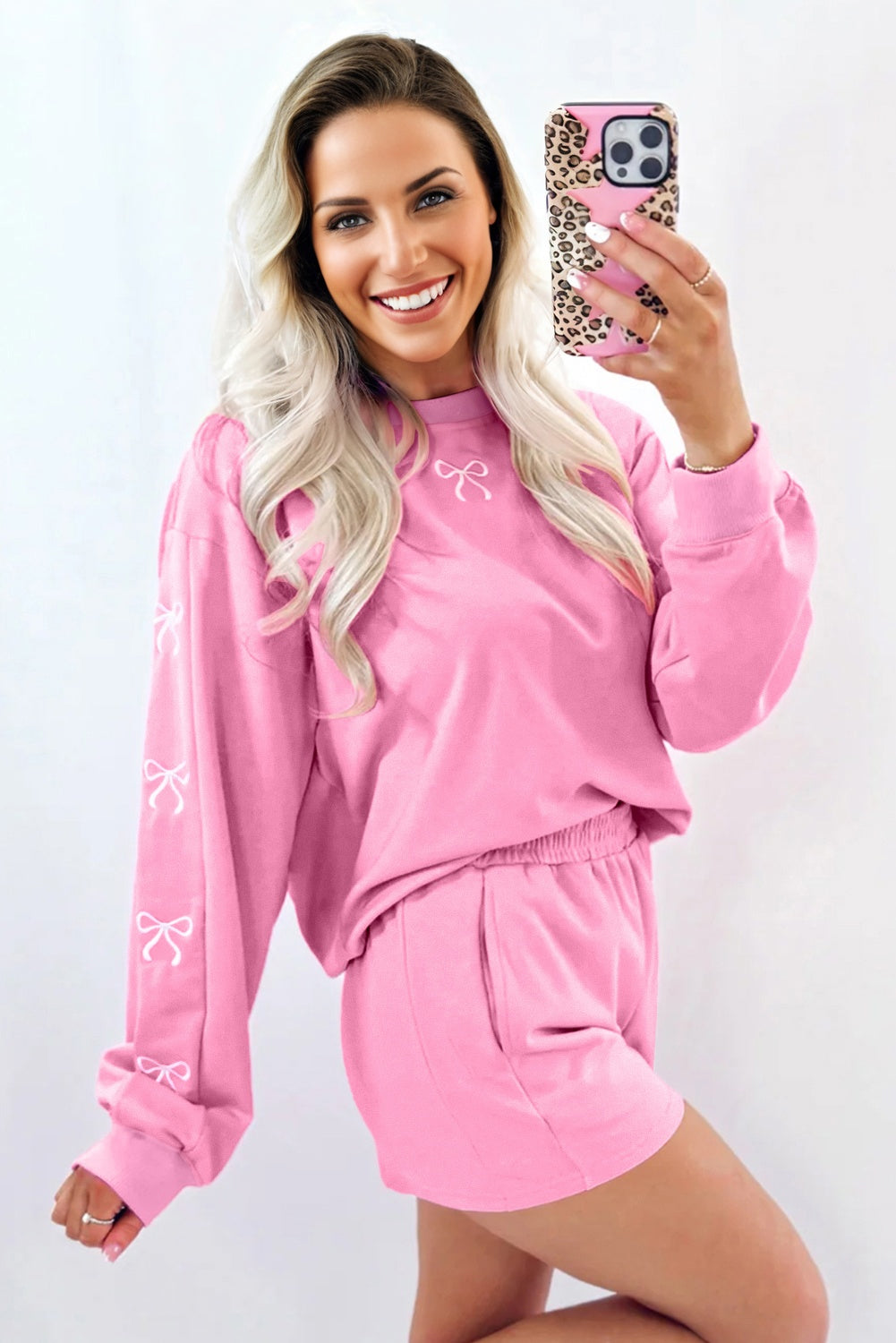 Girly Bow Embroidered Detail Puff Sleeve Pullover 2pcs Short Set