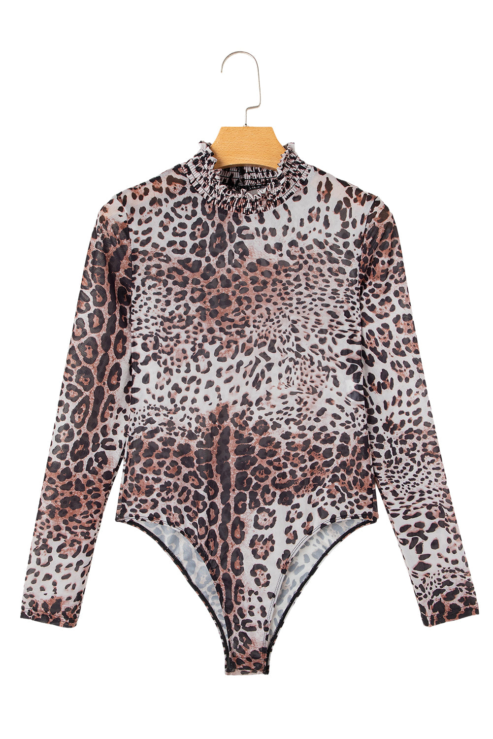 Leopard Smocked Neck Mesh Long Sleeve Bodysuit