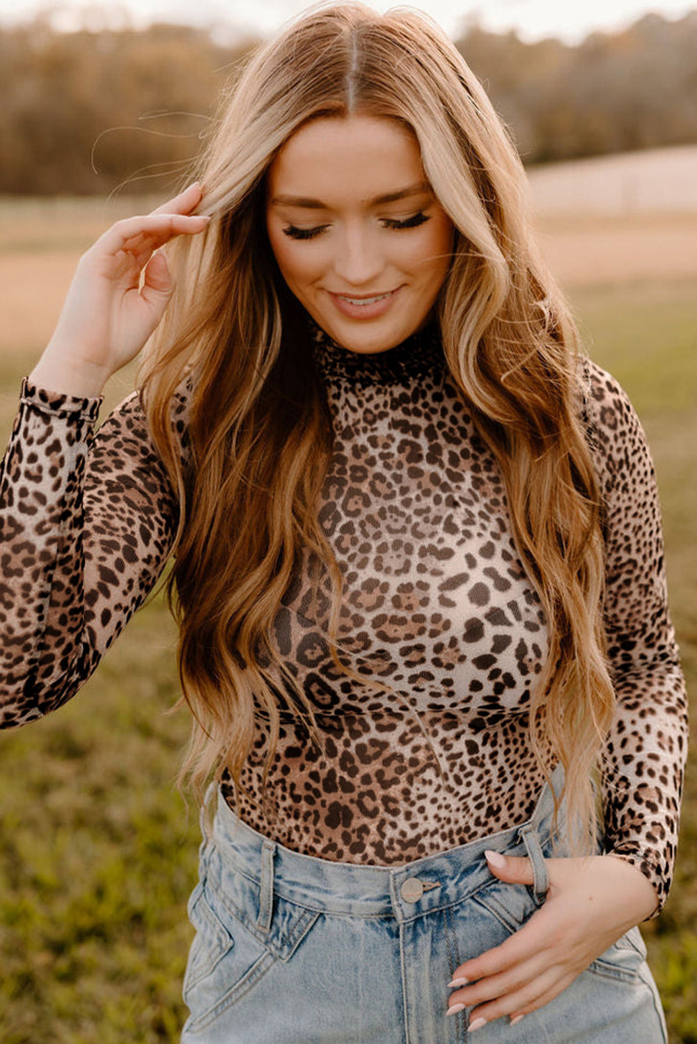 Leopard Smocked Neck Mesh Long Sleeve Bodysuit