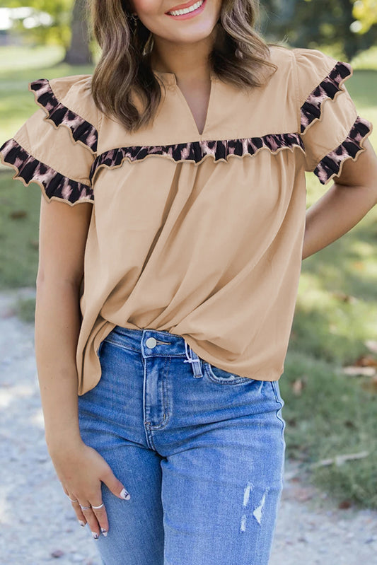 Leopard Ruffles Trim Tiered Short Sleeve Blouse