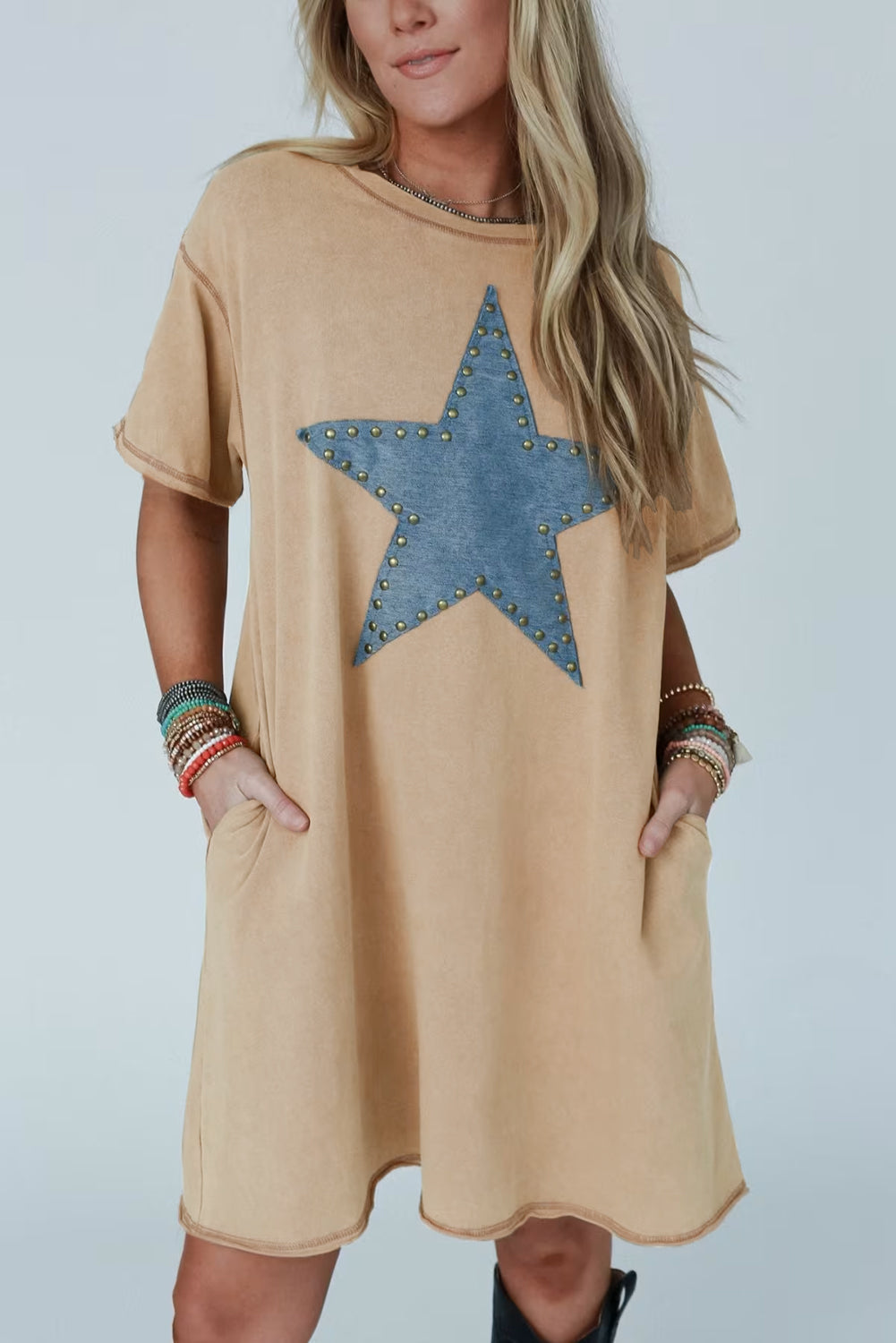 Mineral Wash Stud Beaded Star Graphic Pocketed T Shirt Dress