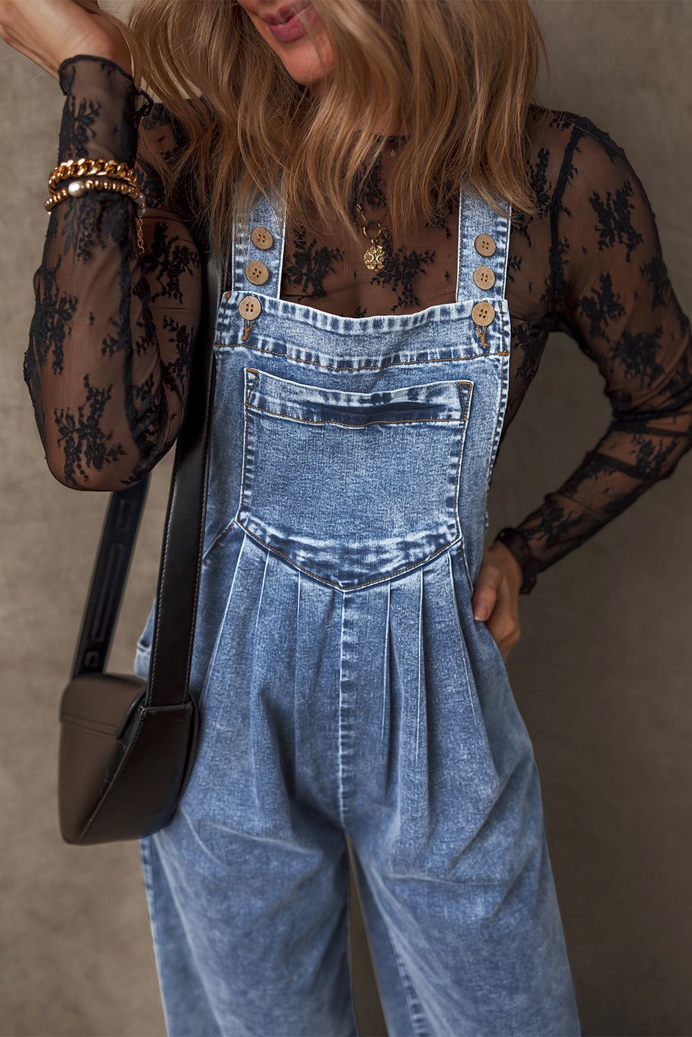 Mineral Wash Buttoned Straps Wide Leg Denim Overalls