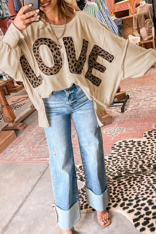 Oversize Leopard LOVE Patched Graphic Round Neck Casual Sweatshirt