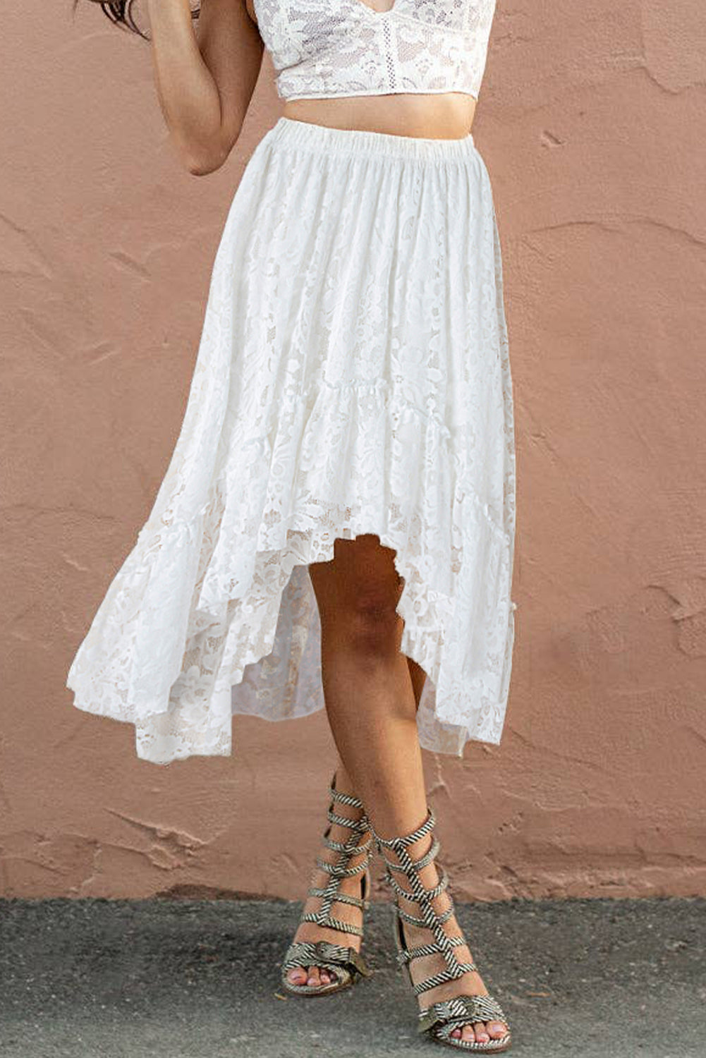 Lace Ruffled High-low Hem Midi Skirt