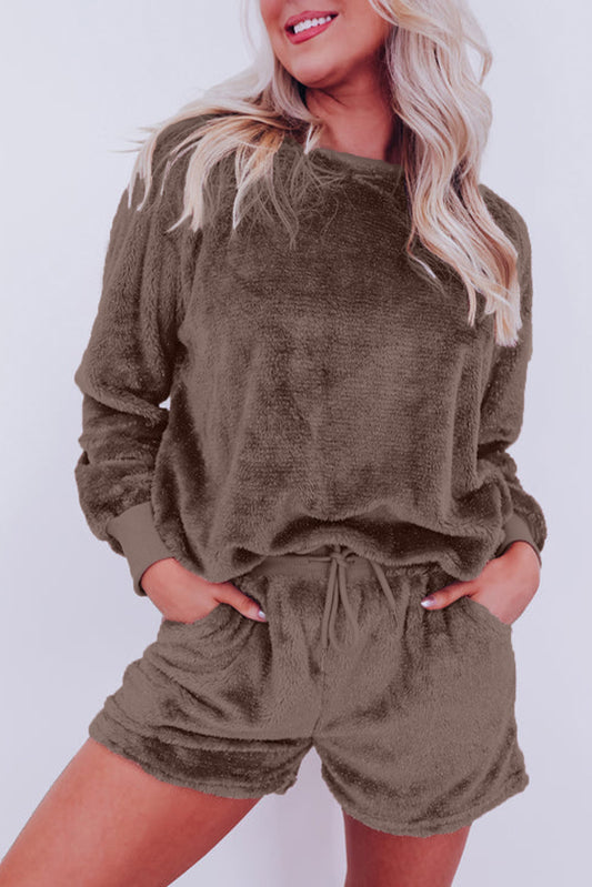 Solid Loose Fit Two Piece Fleece Lounge Set