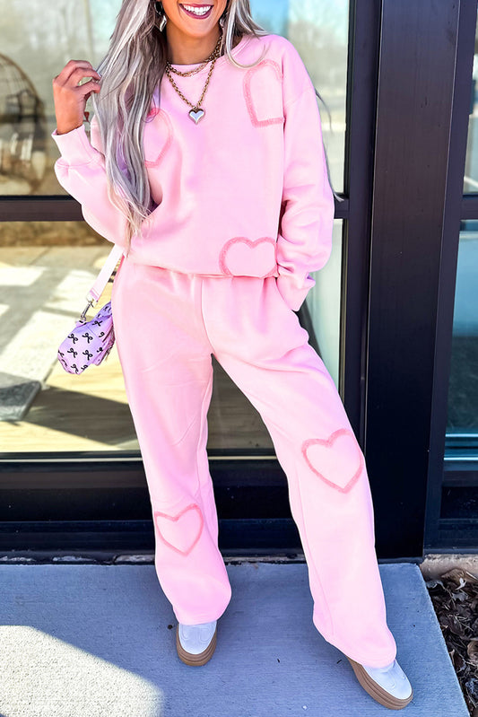 Chenille Heart Pattern Casual 2pcs Pants Set