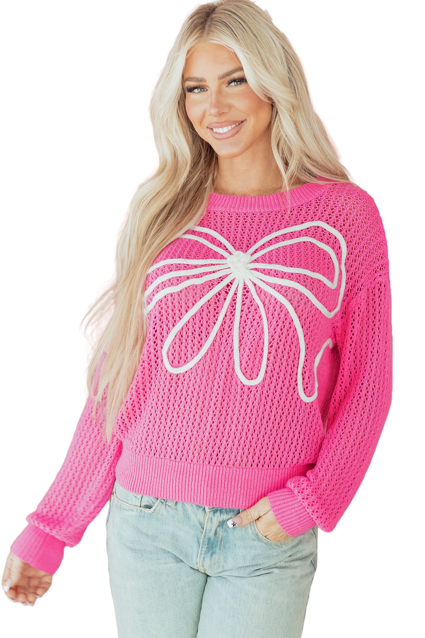 Sweet Bow Decor Hollow Out Knitted Drop Shoulder Sweater