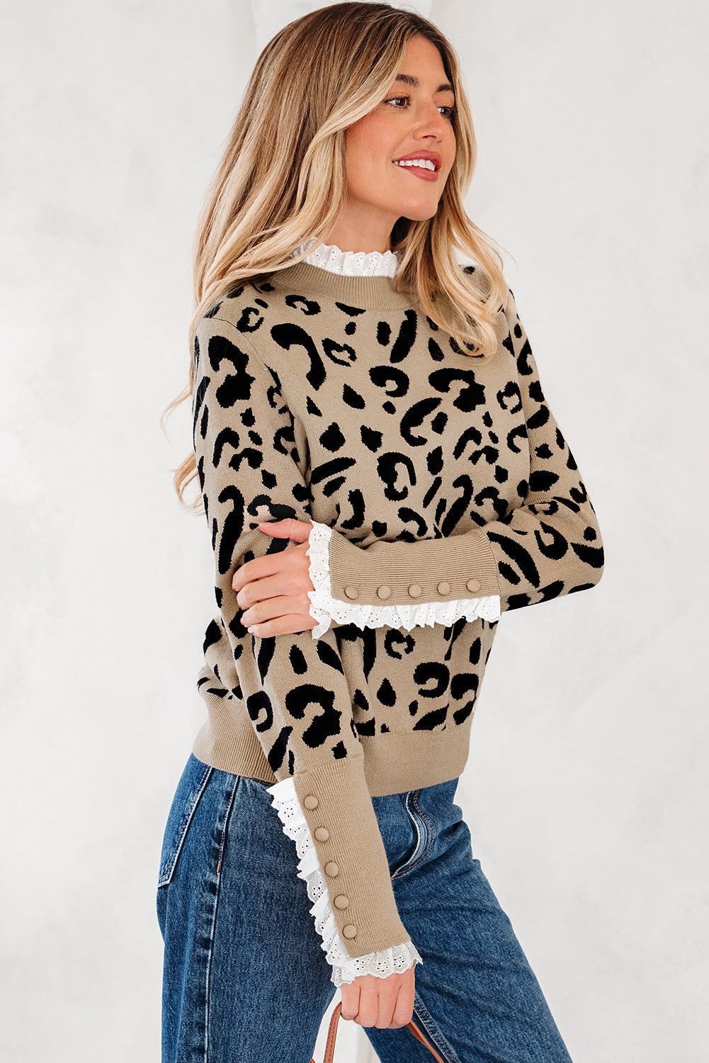 Leopard Pattern Lace Ribbed Detail Button Cuffed Sweater