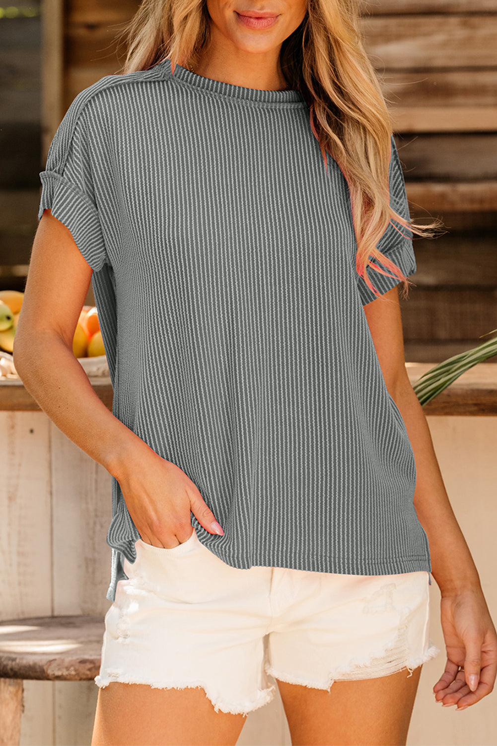 Textured Knit Exposed Stitching T-shirt