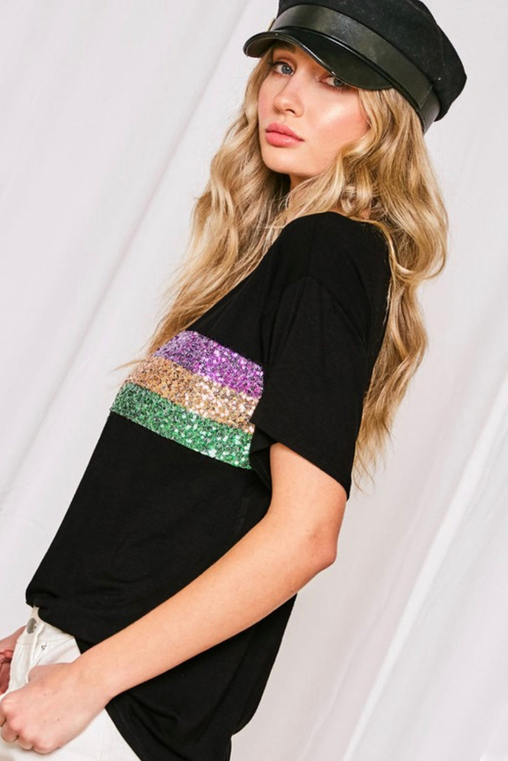 Sequin Stripes Patchwork Mardi Gras Crew Neck T Shirt