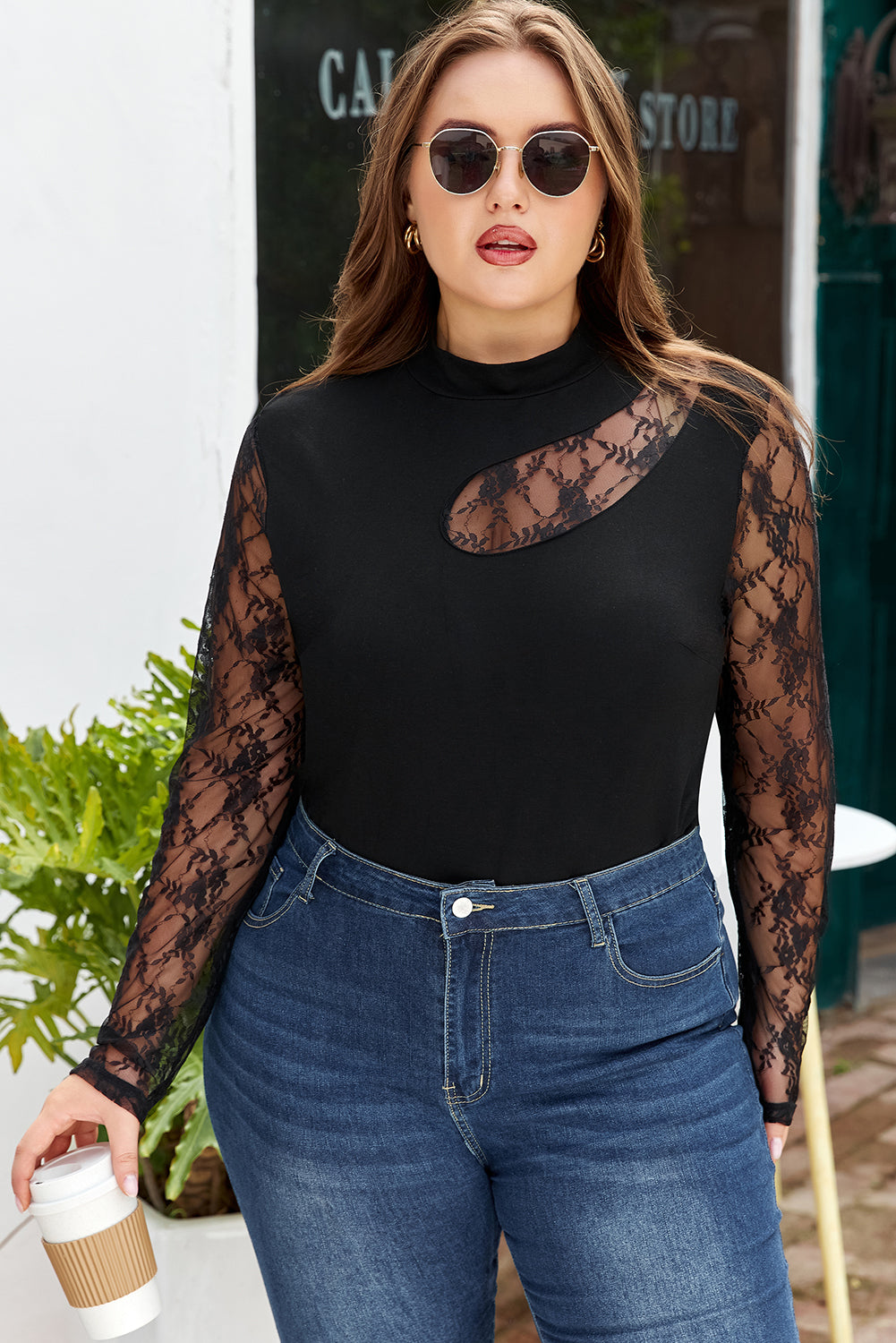 Plus Size Lace Patchwork Asymmetric Cutout Sheer Long Sleeve Top