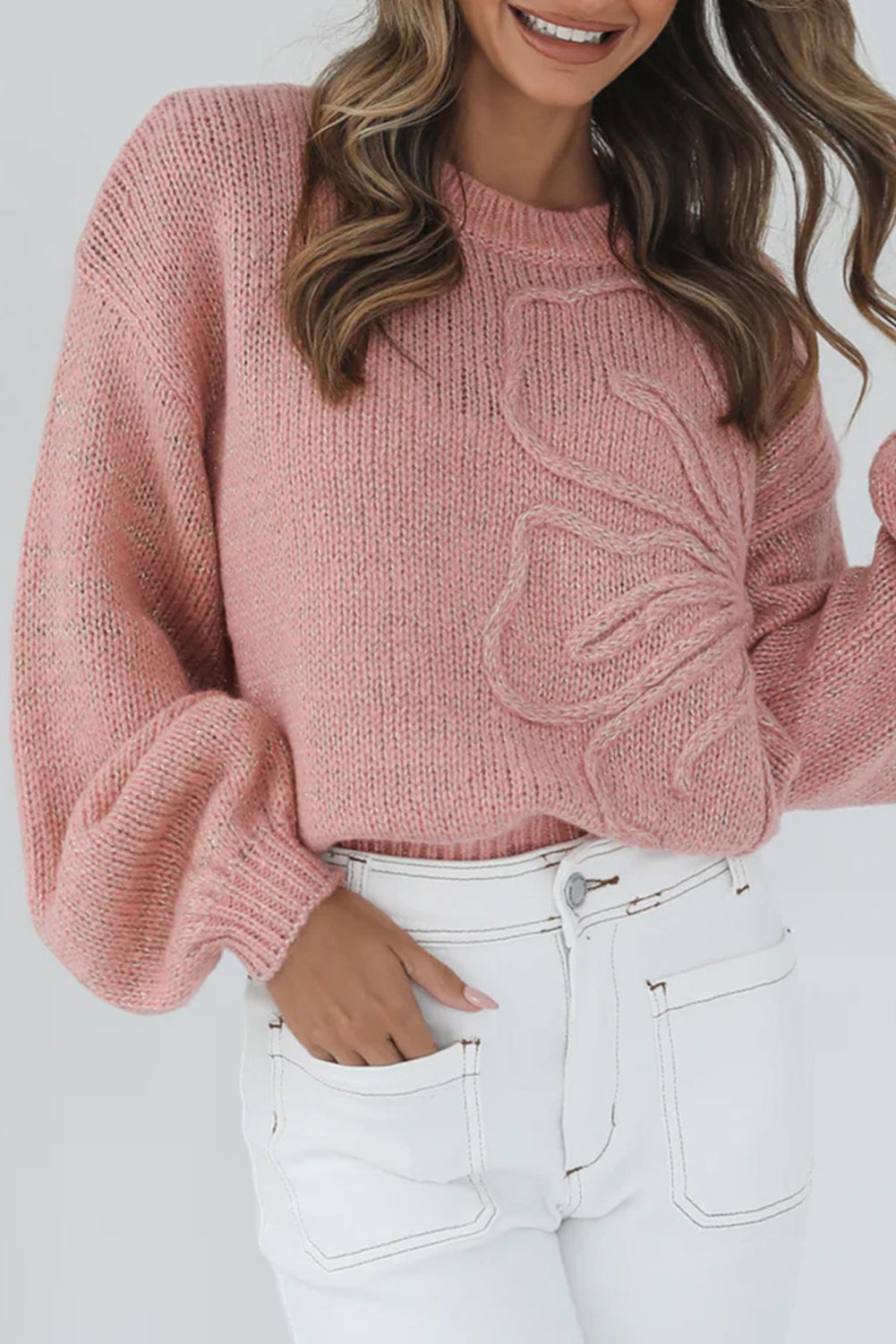 Big Flower Accent Bubble Sleeve Drop Shoulder Sweater