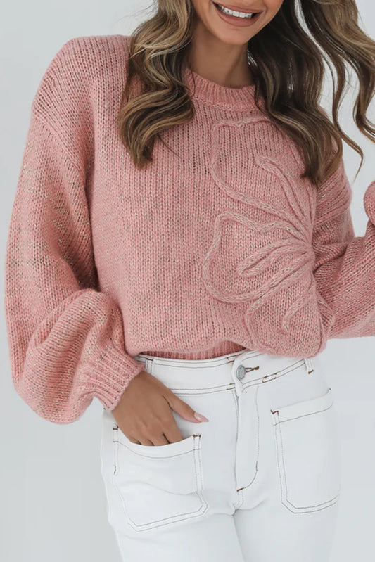 Big Flower Accent Bubble Sleeve Drop Shoulder Sweater