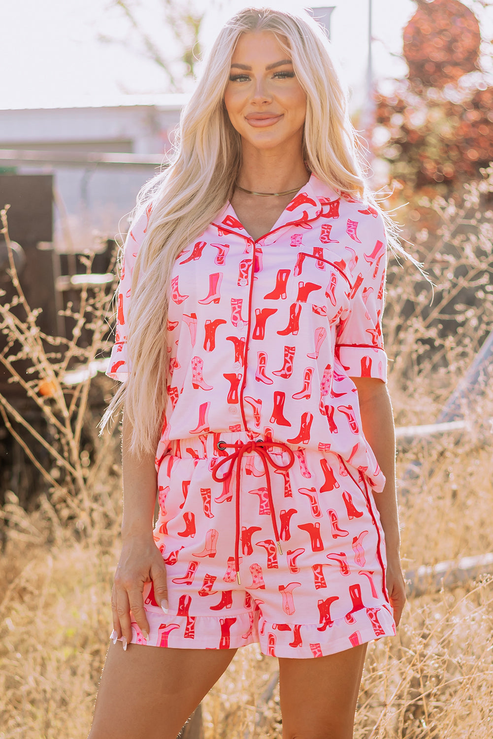 Western Cowgirl Boots Printed Shirt Ruffled Shorts Pajama Set