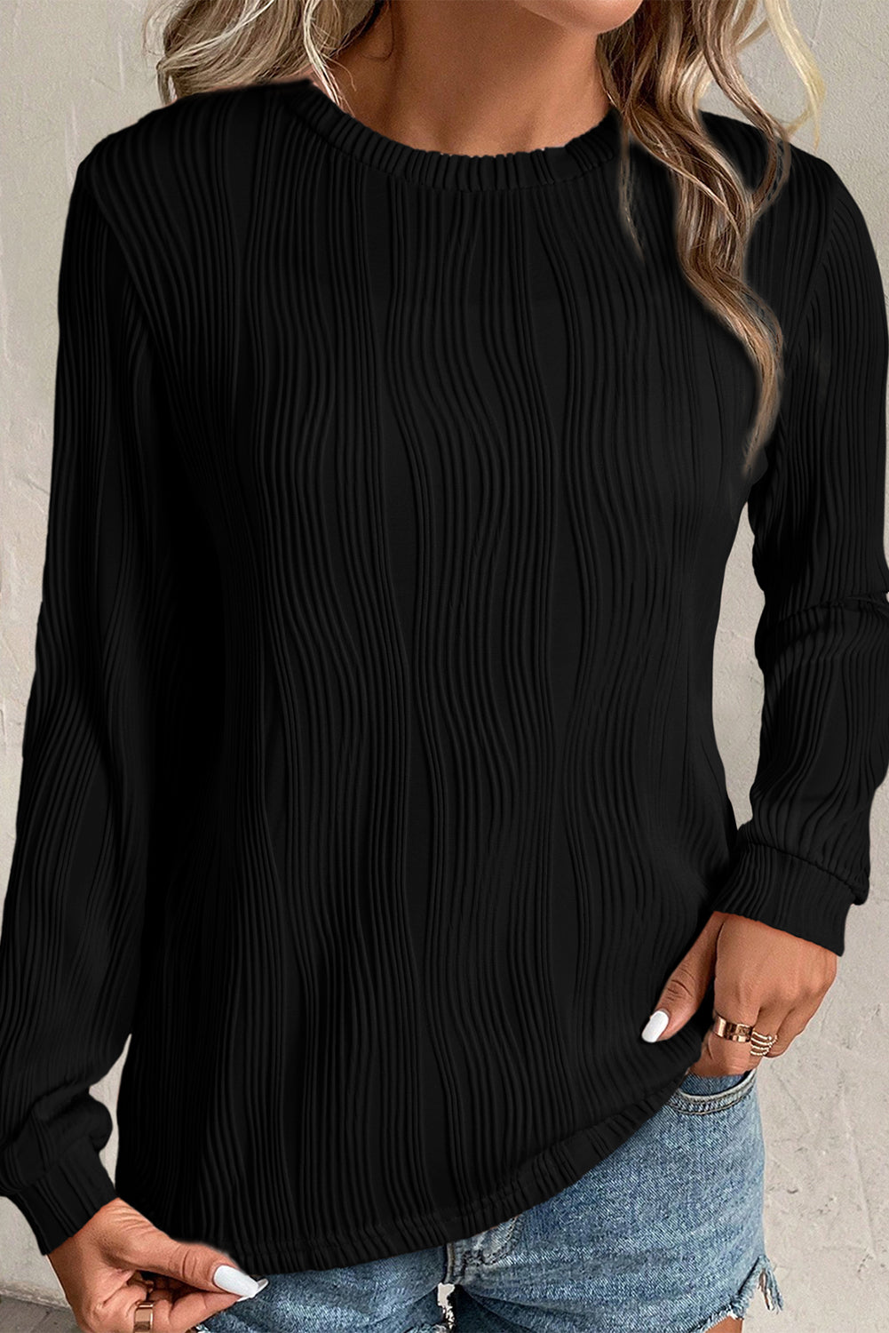 Textured Wavy Round Neck Long Sleeve Top