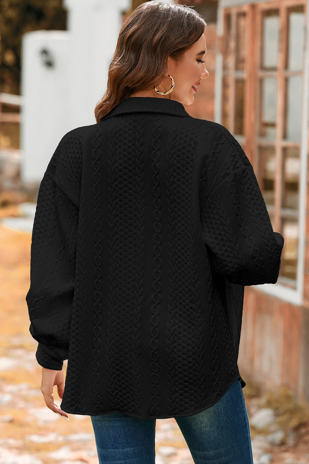 Cable Texture Puff Sleeve Loose Shacket