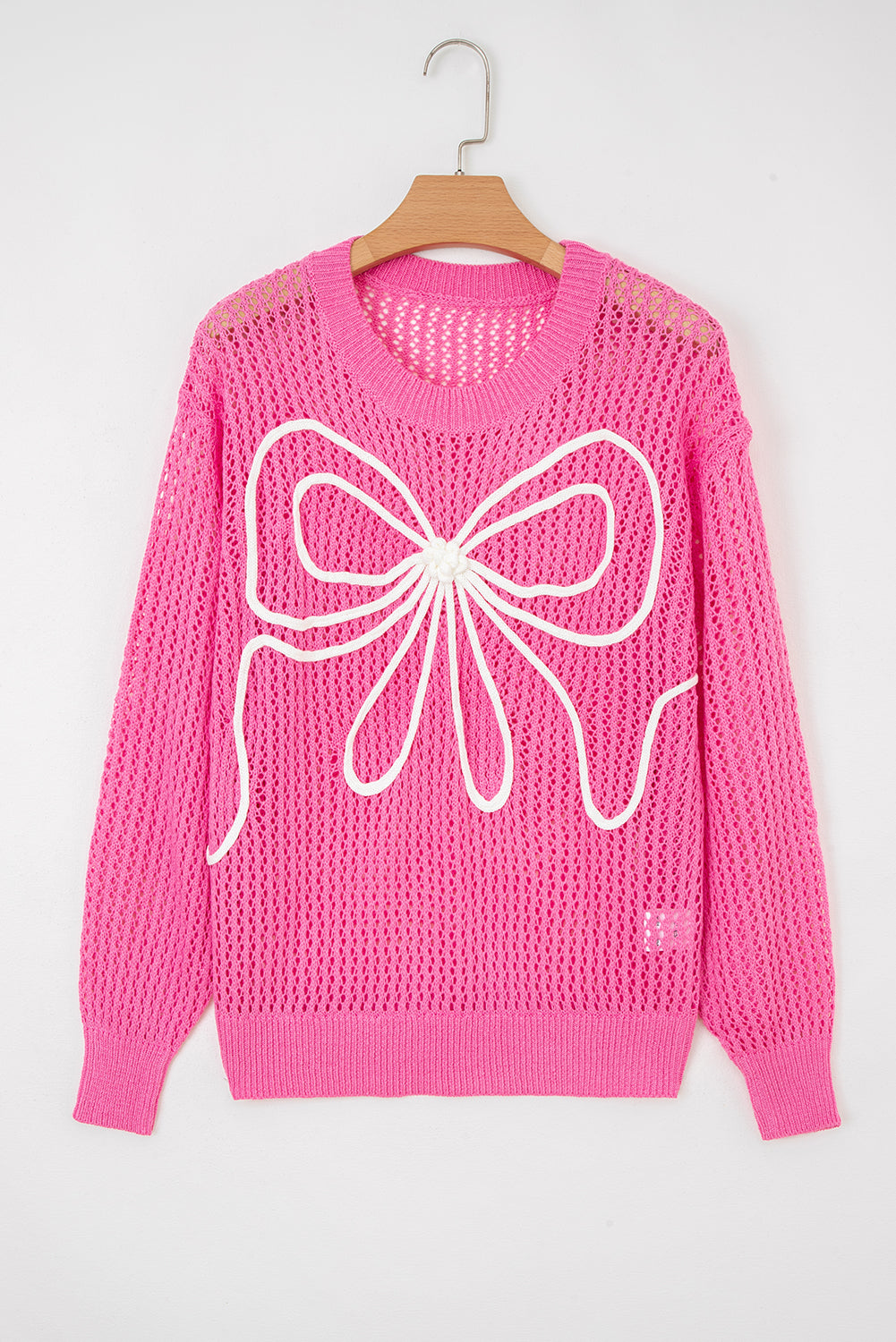 Sweet Bow Decor Hollow Out Knitted Drop Shoulder Sweater