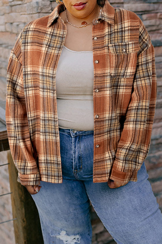 Plaid Print Flap Pocket Buttoned Plus Size Shacket