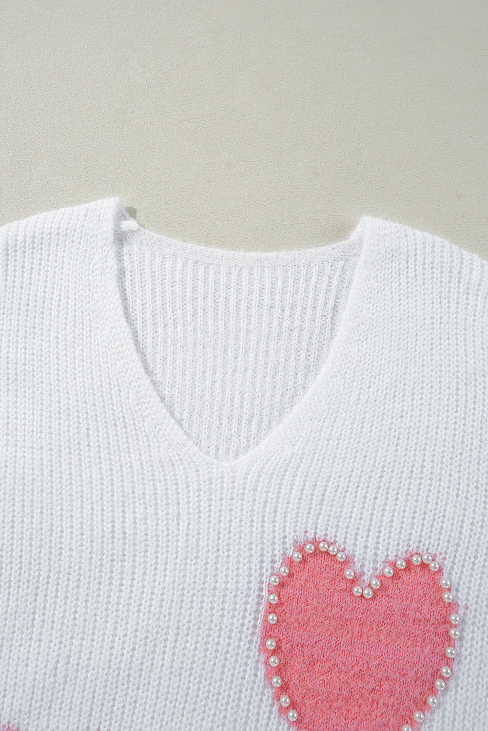 Pearl Beaded Heart Pattern Fuzzy V Neck Sweater