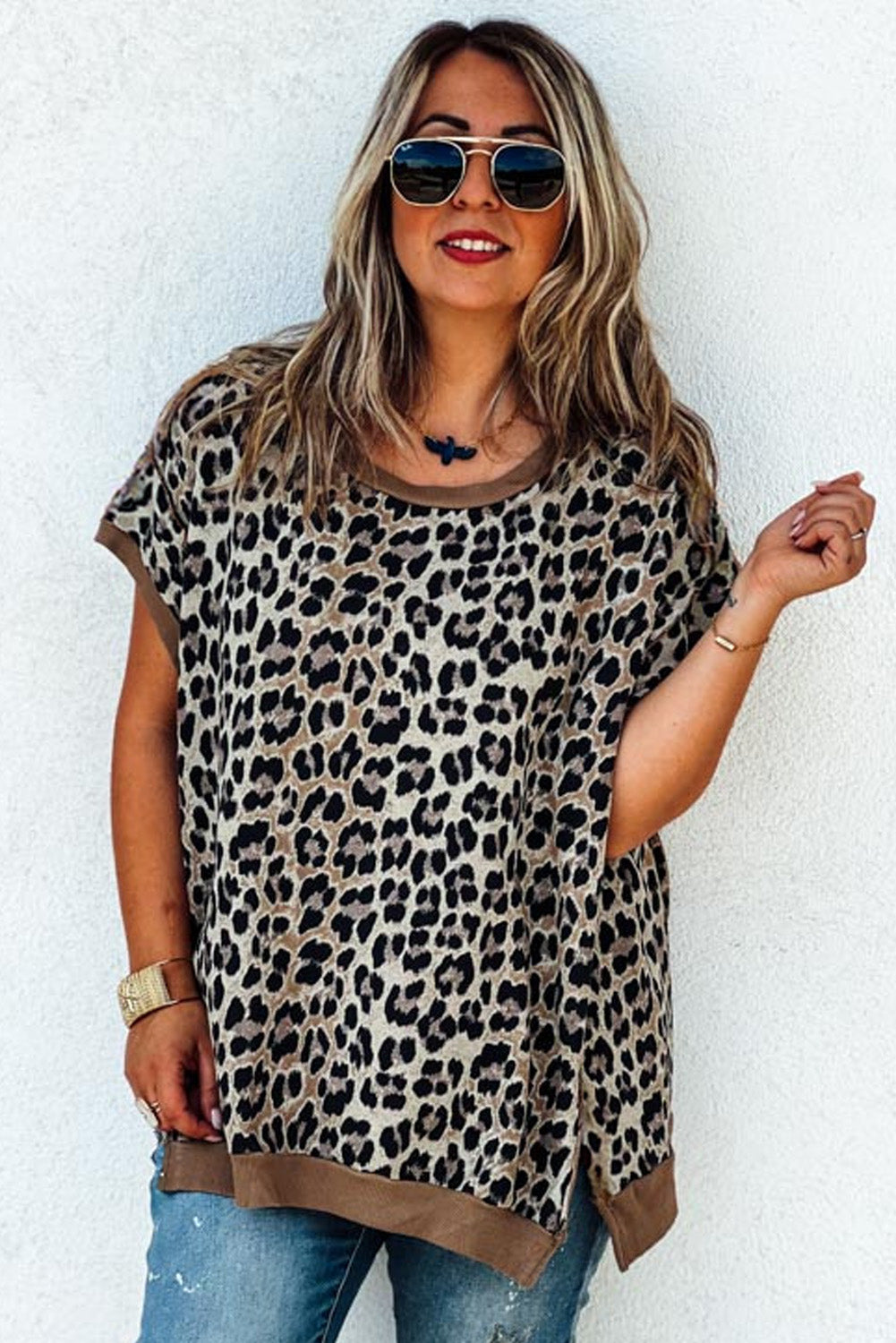 Leopard Contrast Trim Short Sleeve Loose Plus Size Top