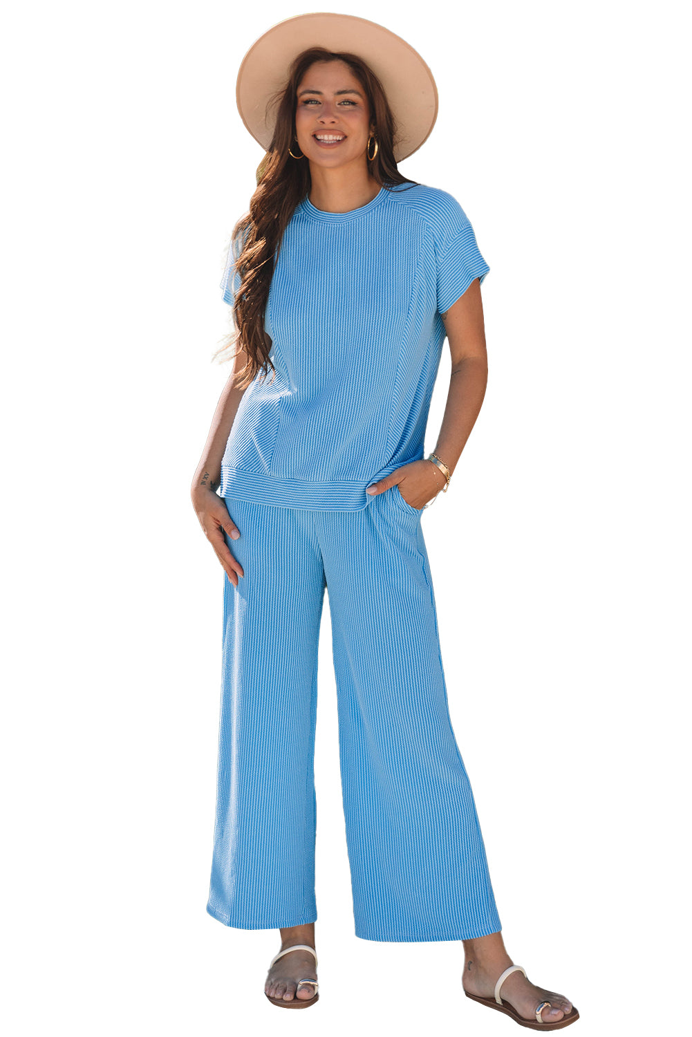 Solid Corded Knit Short Sleeve T Shirt and Wide Leg Pants Set