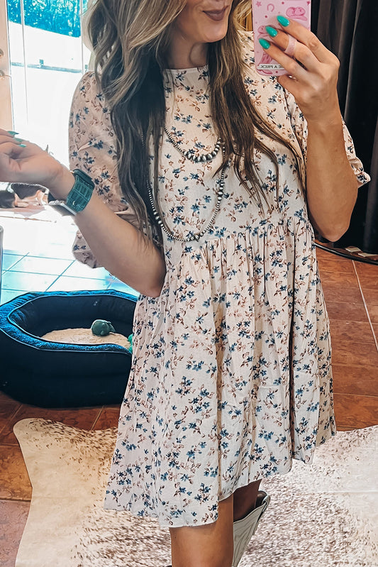 Floral Puff Short Sleeve Empire Waist Mini Dress