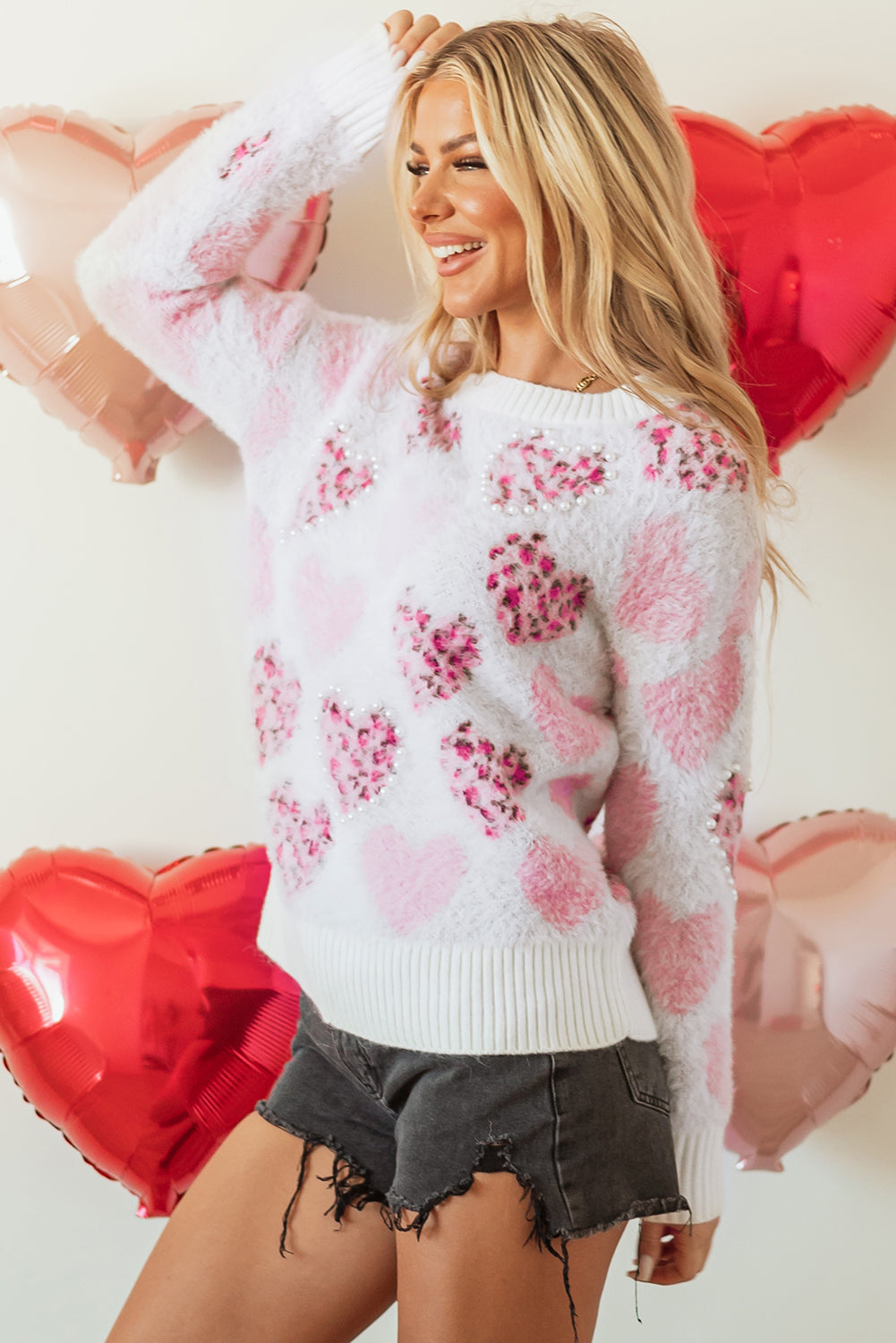 Heart Leopard Print Pearled Ribbed Trim Fuzzy Sweater