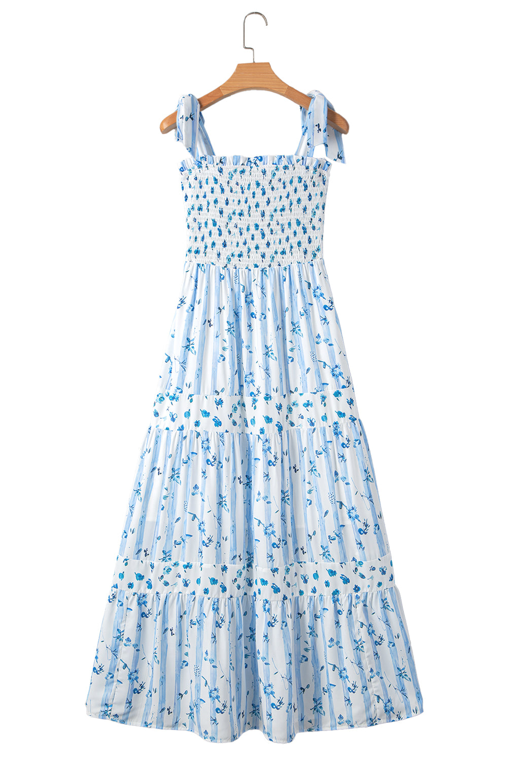 Floral Smocked Tied Straps A-Lined Tiered Maxi Dress