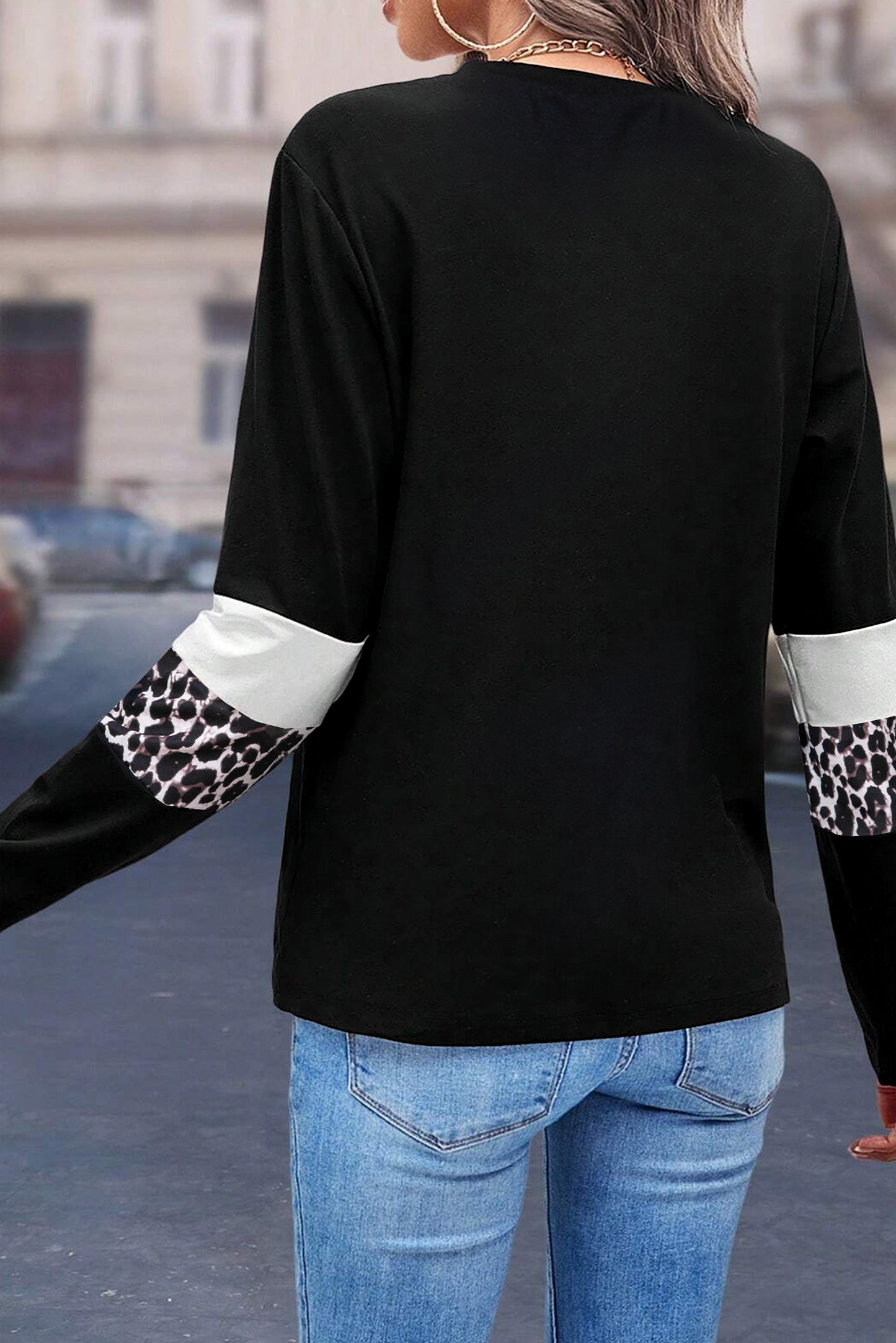 Leopard Colorblock Patchwork Crew Neck Long Sleeve Tee