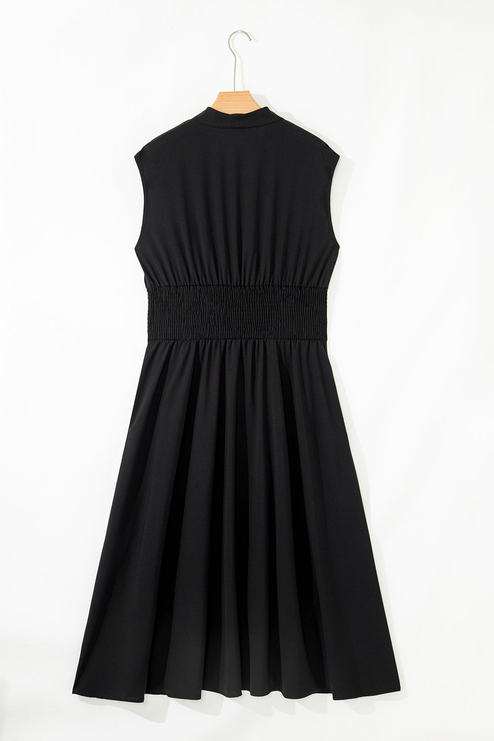 Sleeveless Zipped Front V Neck Shirred Waist Maxi Dress