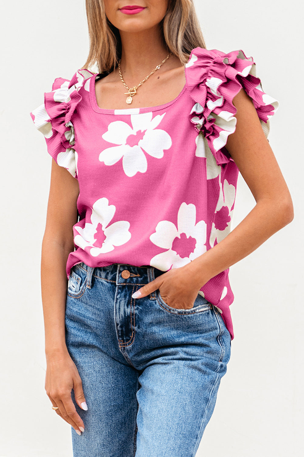 Floral Textured Ruffled Short Sleeve Square Neck Blouse