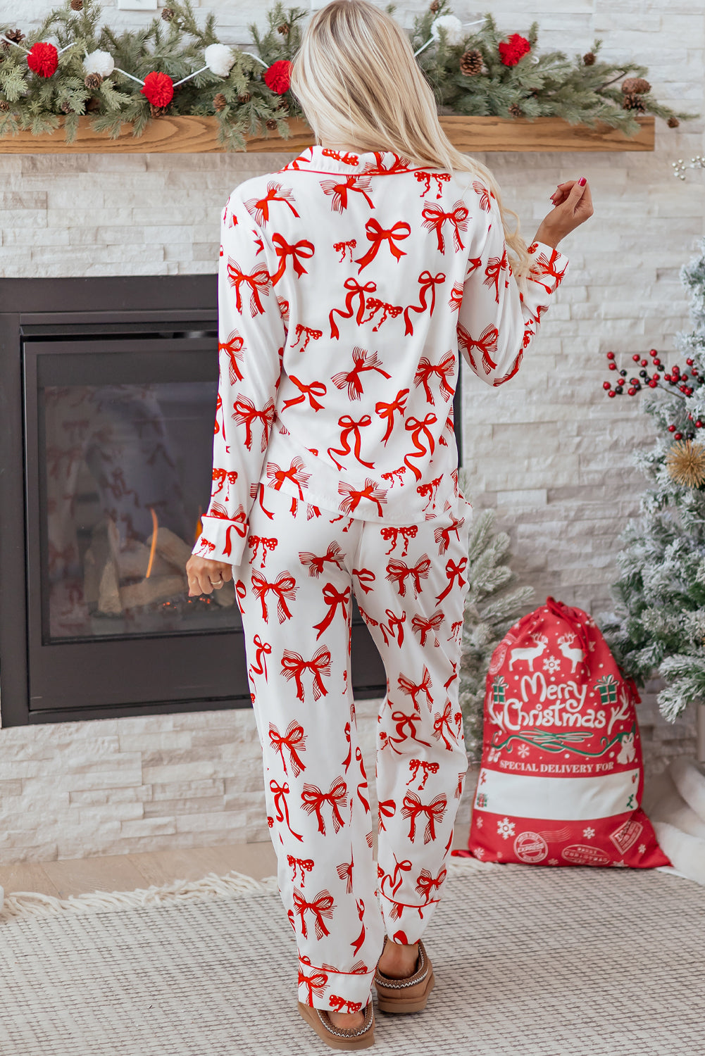 Christmas Bow Print Long 2pcs Pajama Set