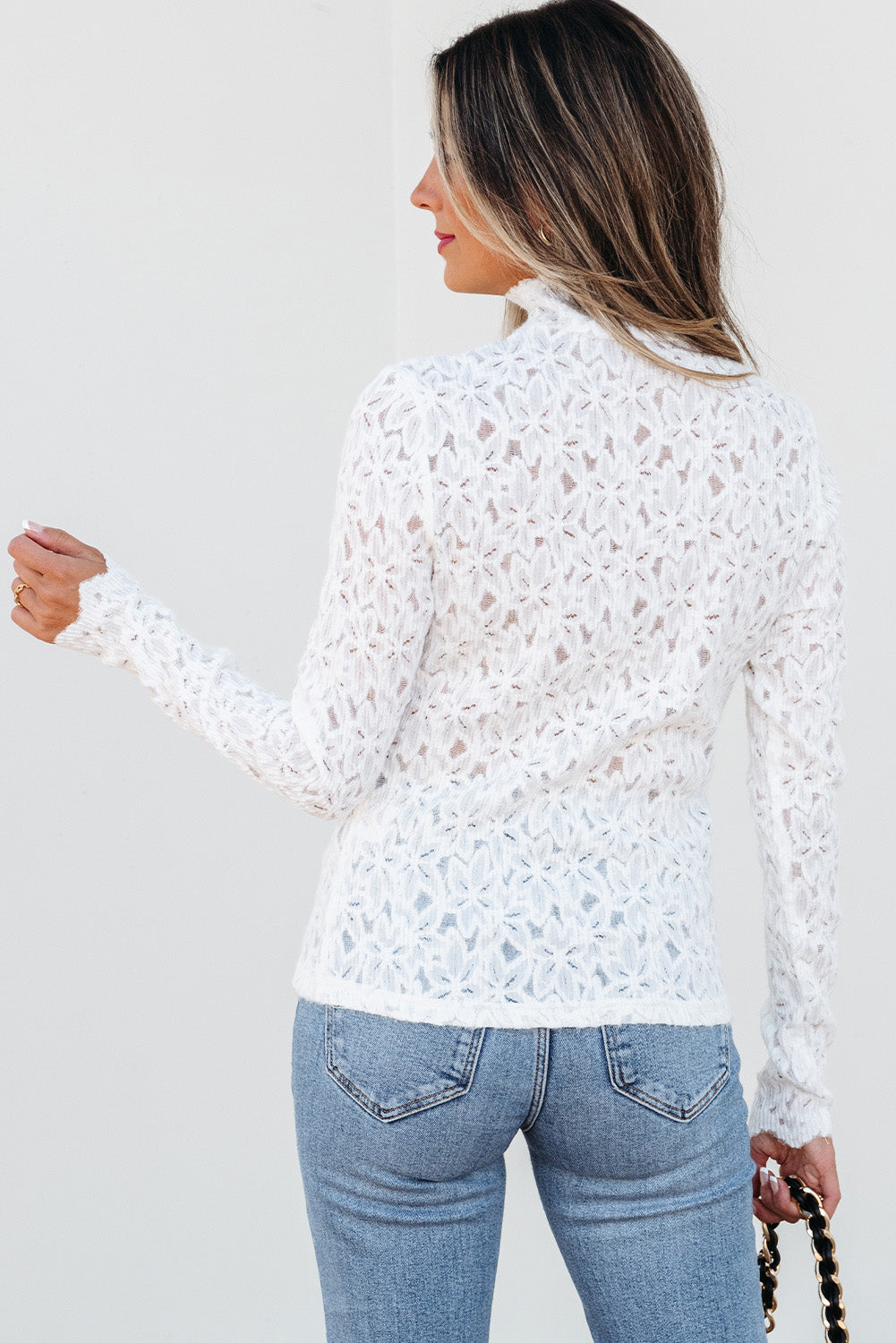 Flower Lace See Through Mock Neck Long Sleeve Top