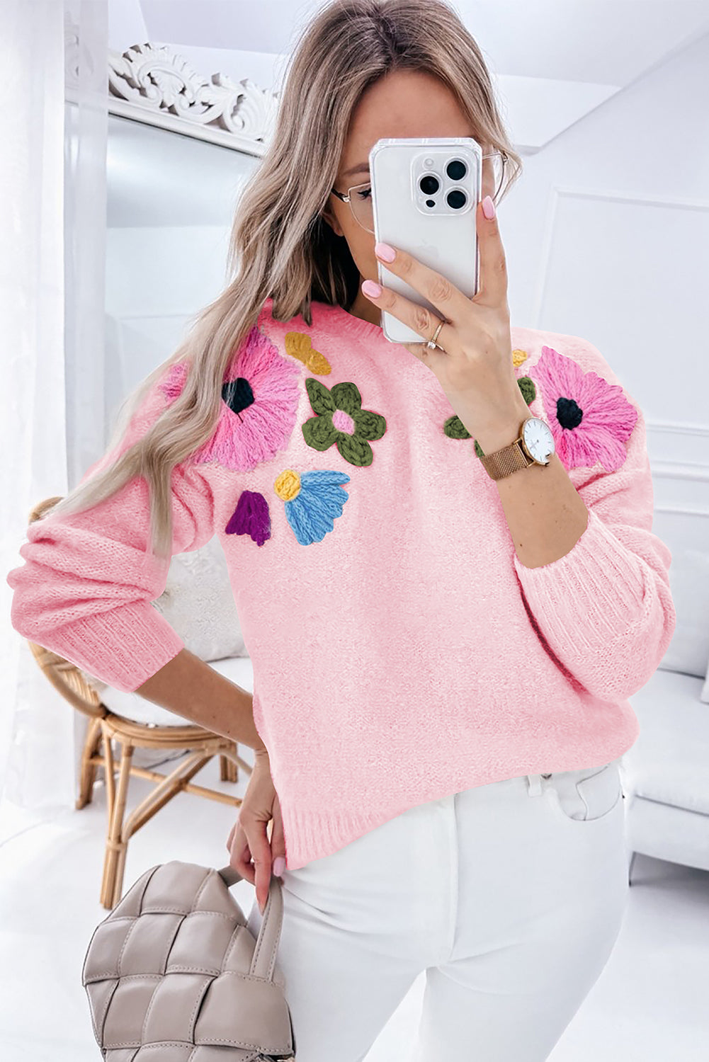 Knitted Flower Pattern Ribbed Edge Sweater