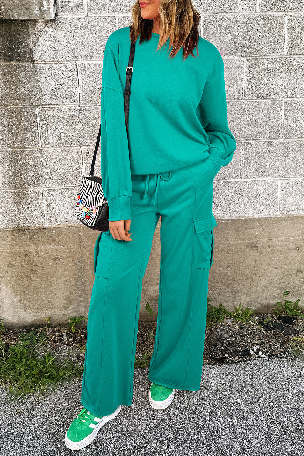 Solid Color Patchwork Pullover Top and Cargo Pants Set