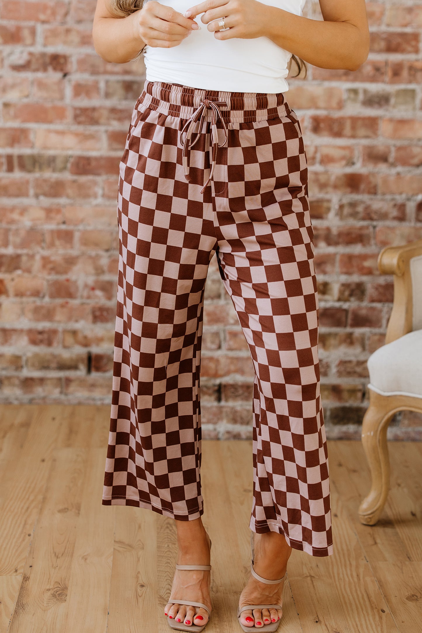 Checkered Elastic High Waist Loose Casual Pants