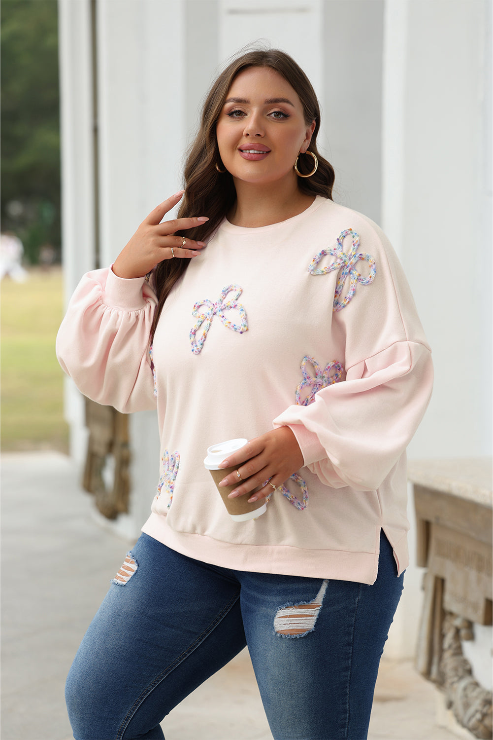 Embroidered Bow Lantern Sleeve Oversized Pullover Sweatshirt