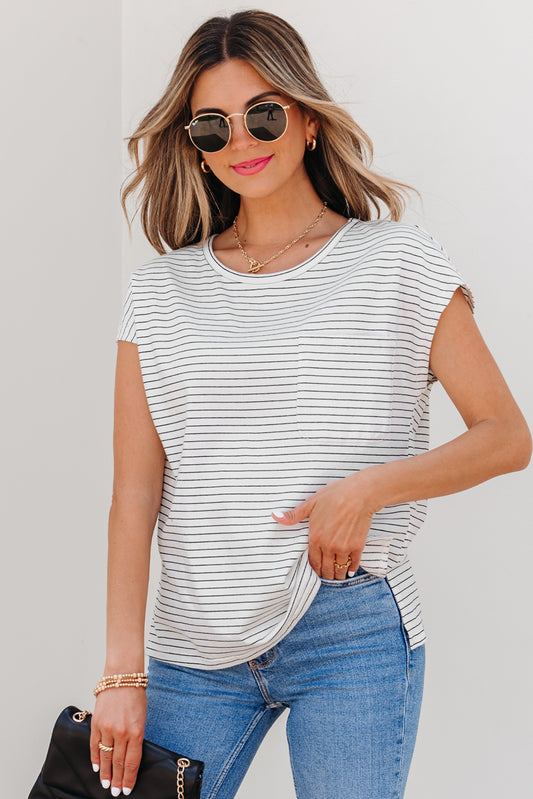 Stripe Cap Sleeve Crew Neck Casual Tee with Chest Pocket